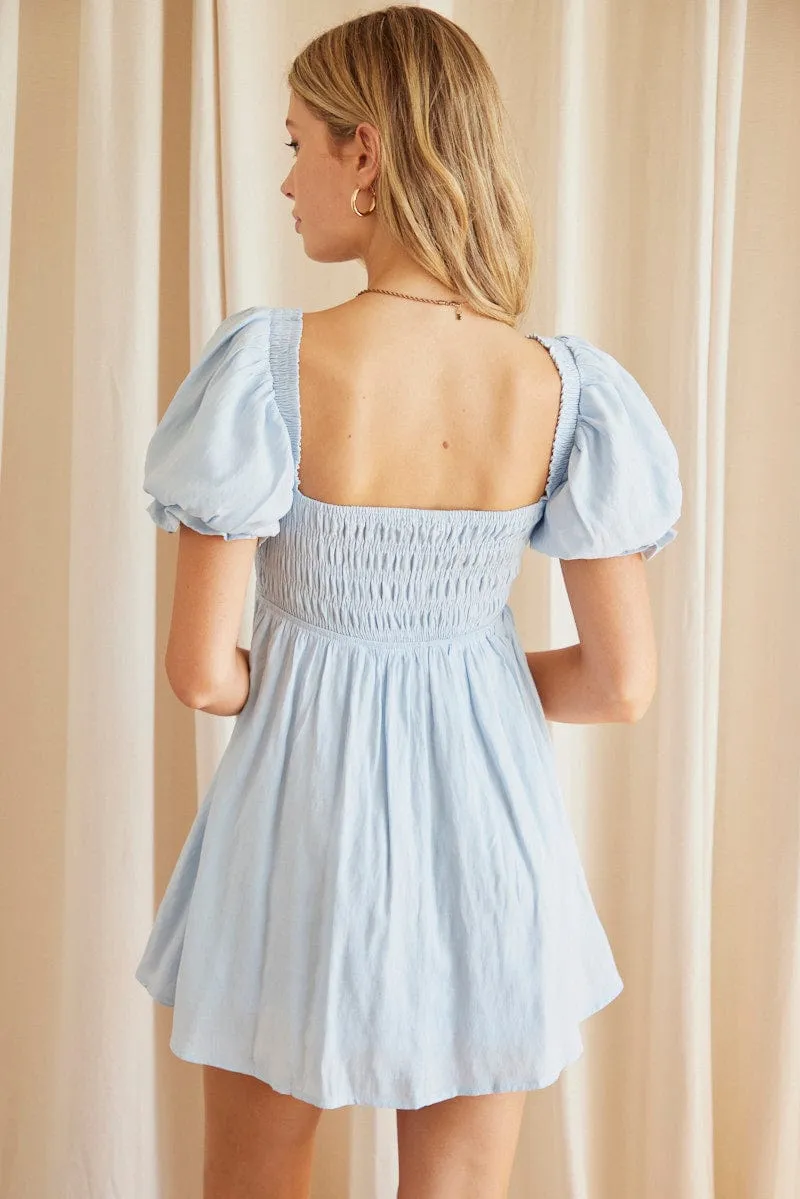 Blue Skater Dress Square Neck Short Sleeve