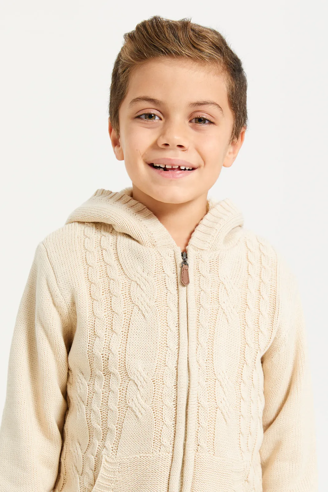 Boys Beige Zip Thur Fur Lining Hooded Cardigan