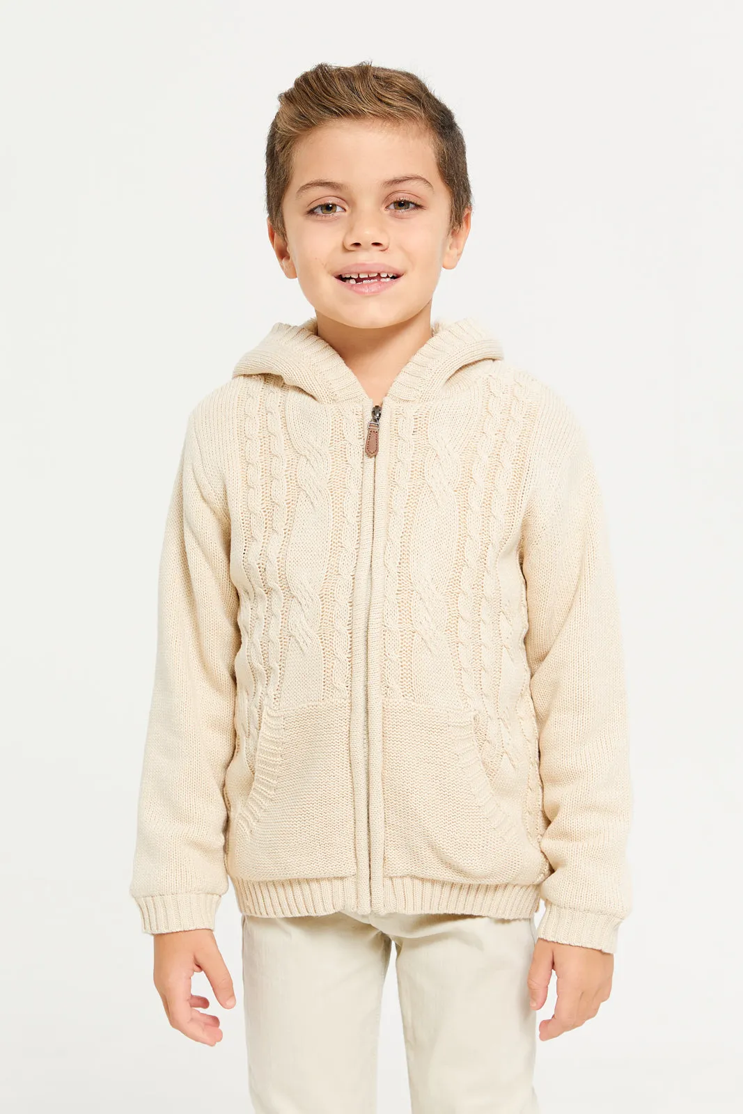 Boys Beige Zip Thur Fur Lining Hooded Cardigan