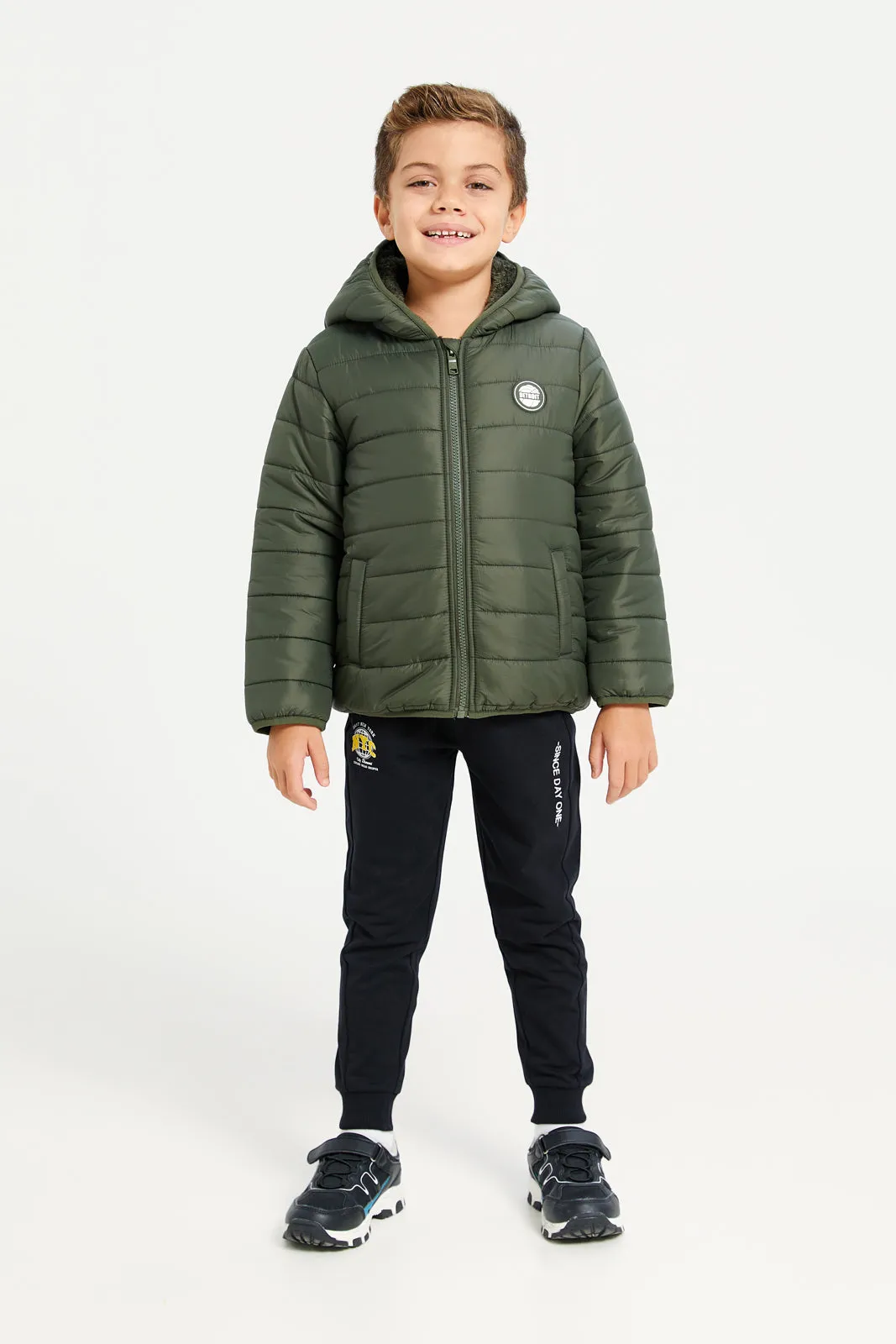 Boys Olive Puffer Jacket With Sherpa Lining