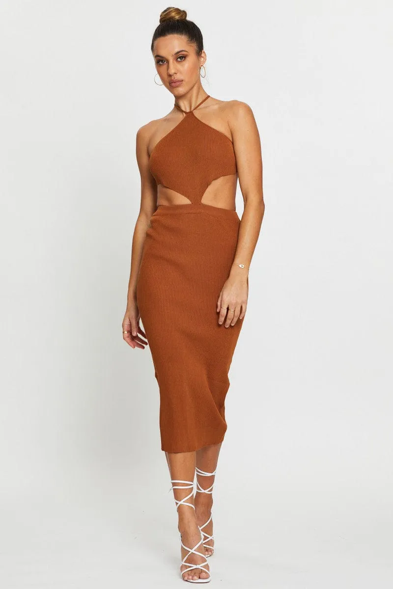 Brown Knit Dress Halter Neck