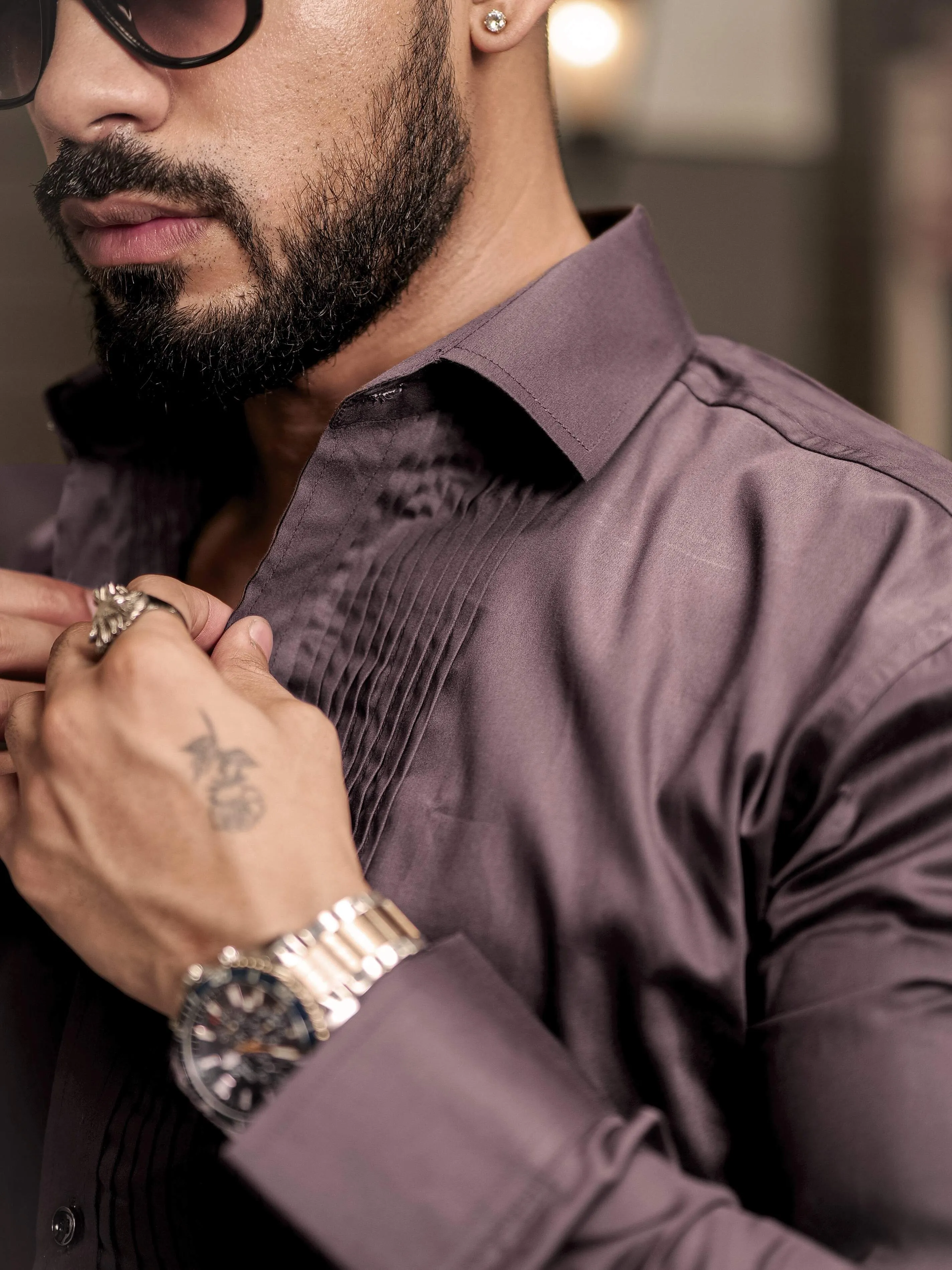 Brown Subtle Sheen Tuxedo Premium Giza Satin Cotton Shirt