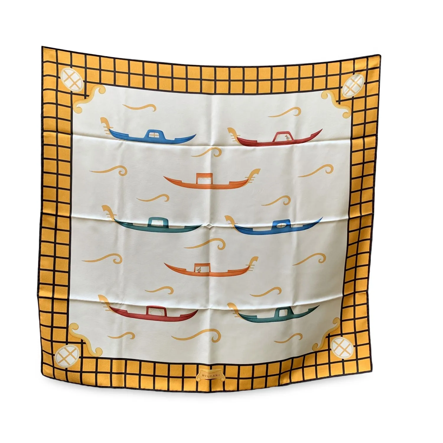 Bulgari Bvlgari Vintage Silk Scarf Gondola Boats Yellow border