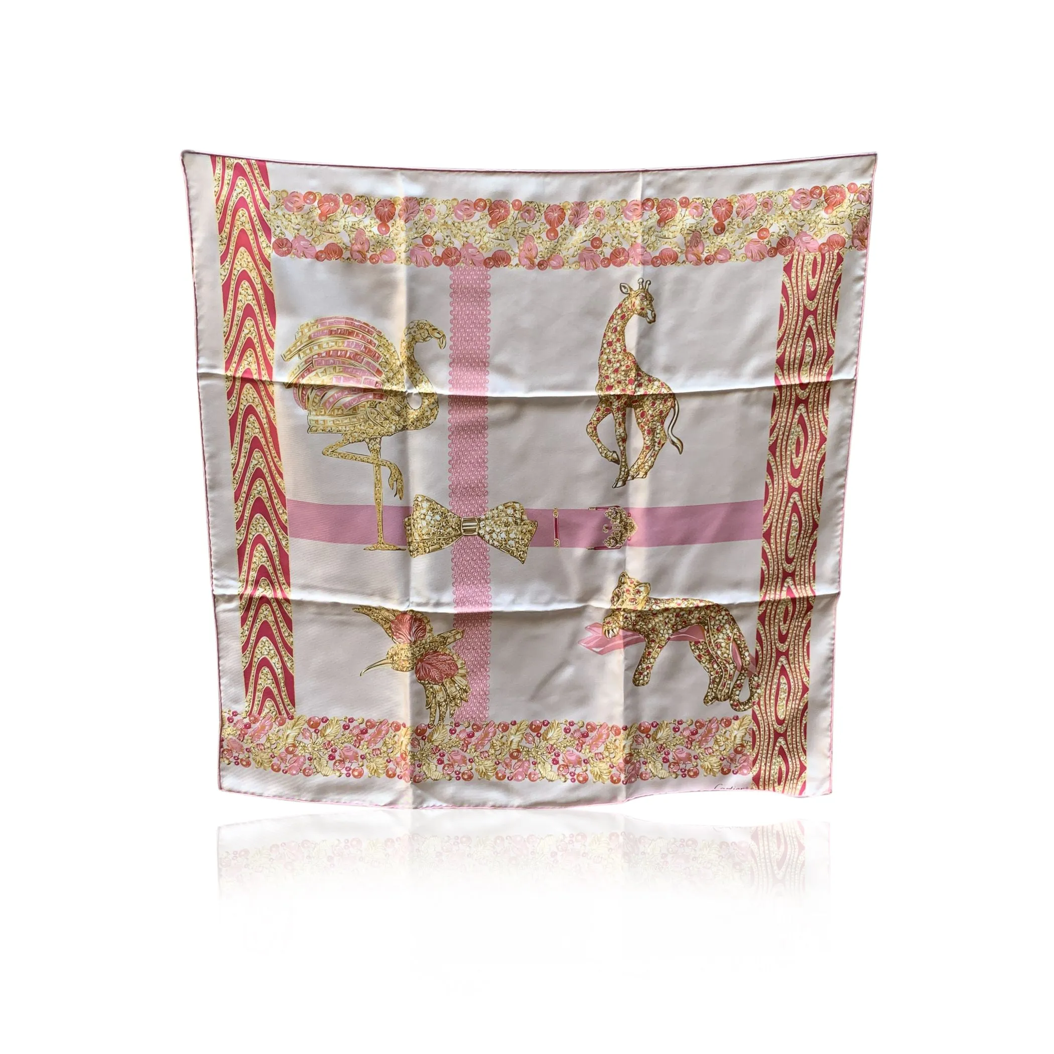 Cartier White and Pink Silk Scarf Animal Pattern