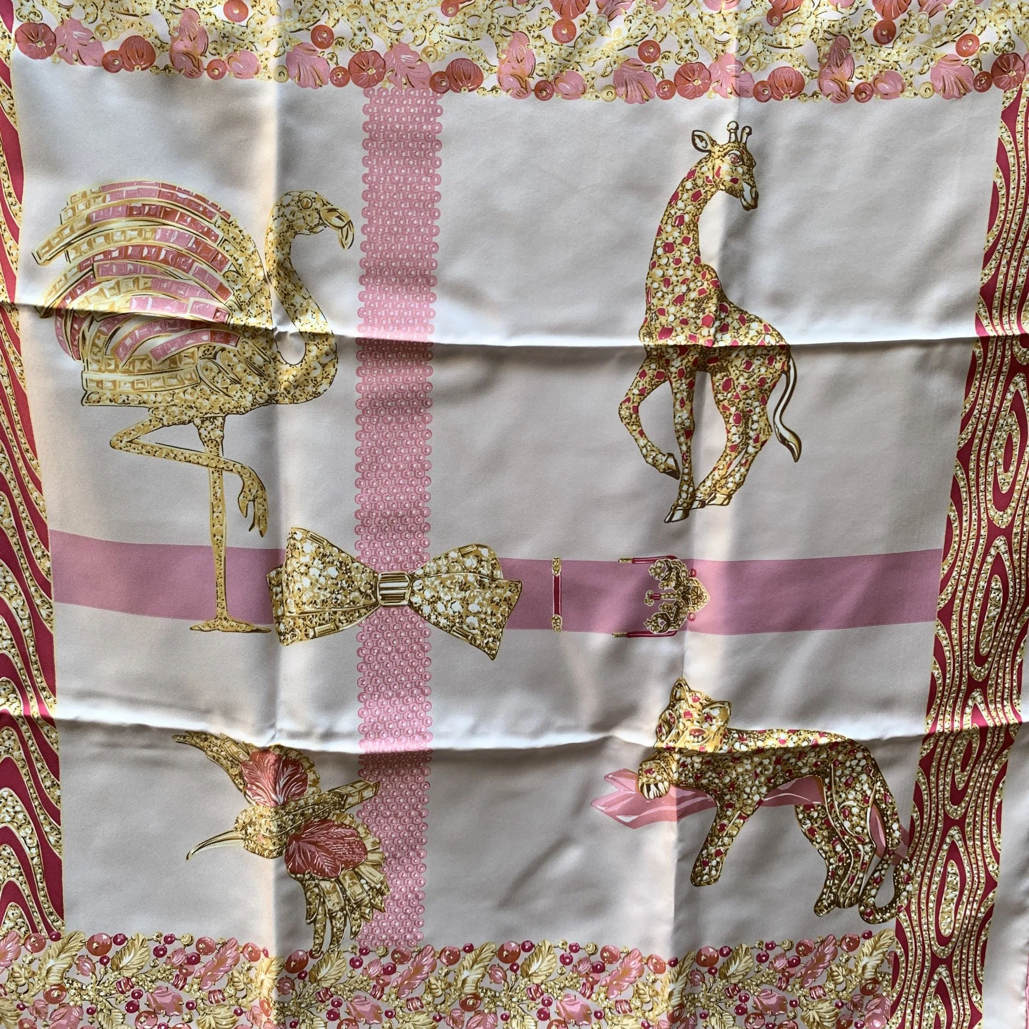 Cartier White and Pink Silk Scarf Animal Pattern