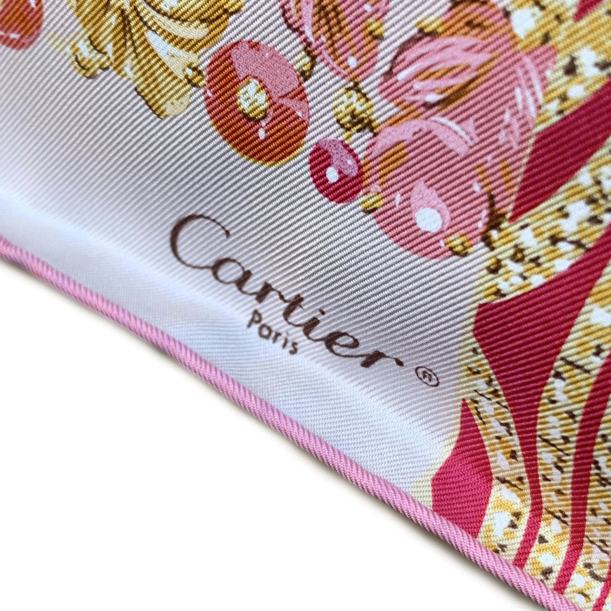 Cartier White and Pink Silk Scarf Animal Pattern