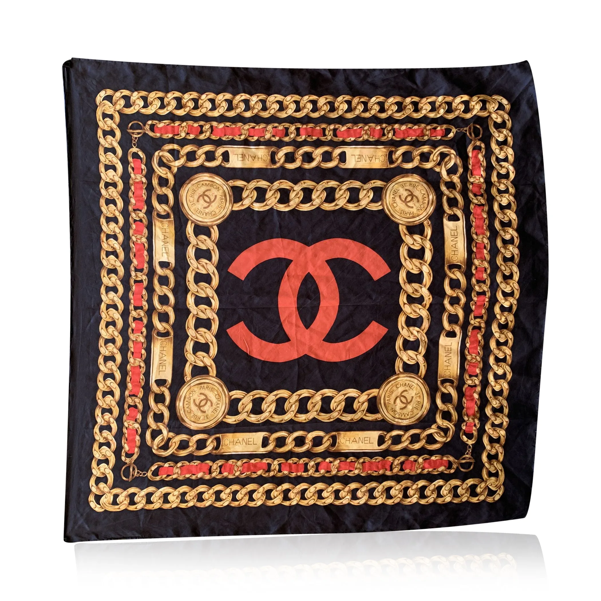 Chanel Vintage Black Red Yellow Silk Scarf CC Logo and Chain Print