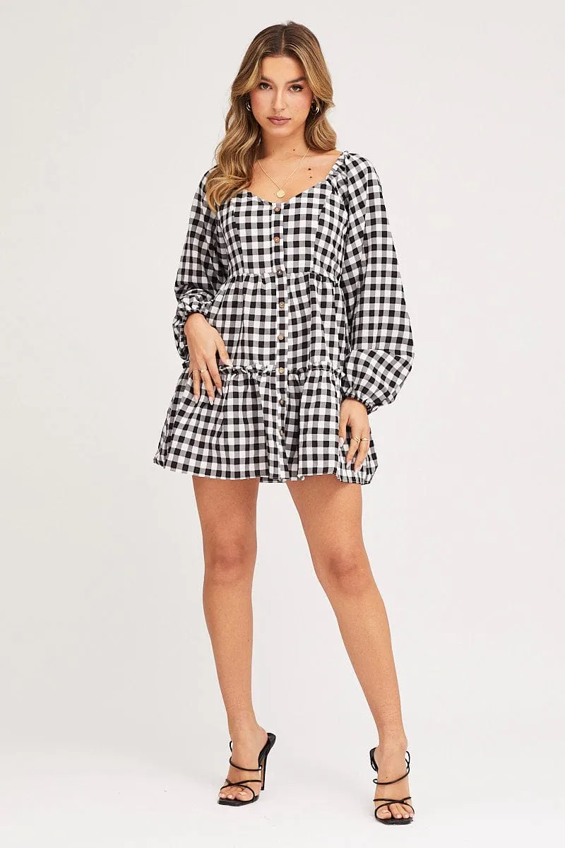 Check Skater Dress Long Sleeve Mini