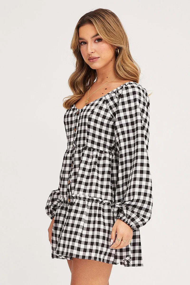 Check Skater Dress Long Sleeve Mini