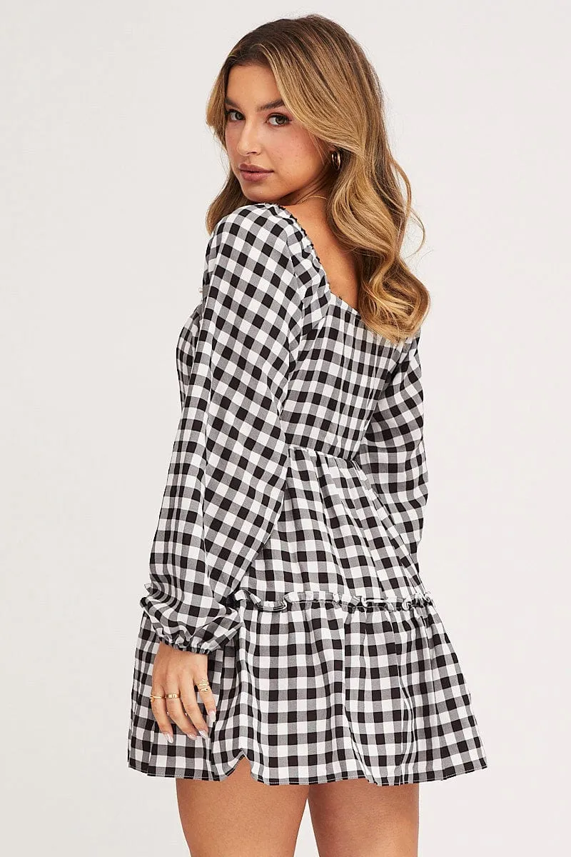 Check Skater Dress Long Sleeve Mini