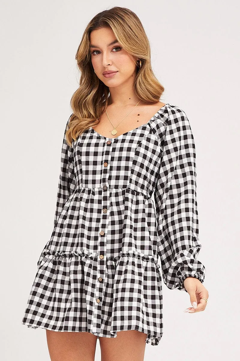 Check Skater Dress Long Sleeve Mini