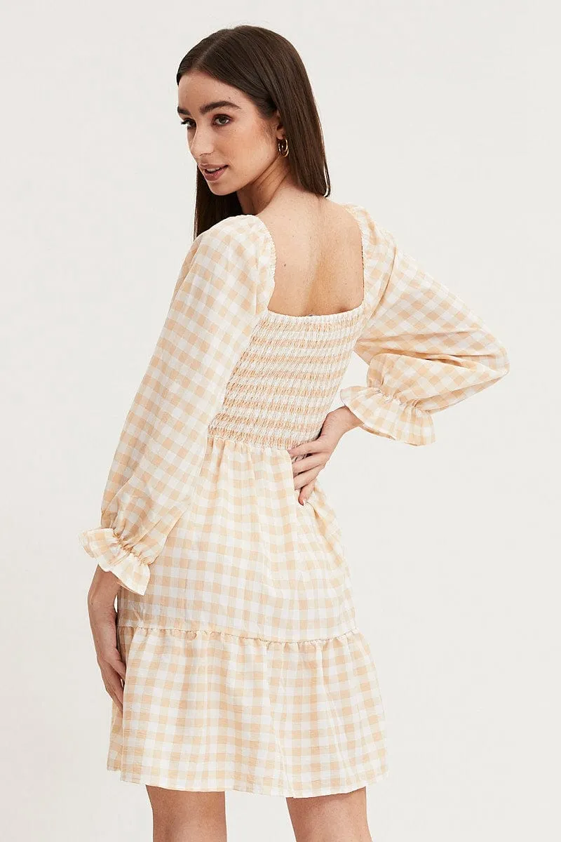 Check Skater Dress Puff Sleeve Mini