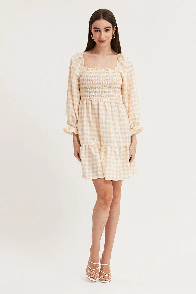 Check Skater Dress Puff Sleeve Mini