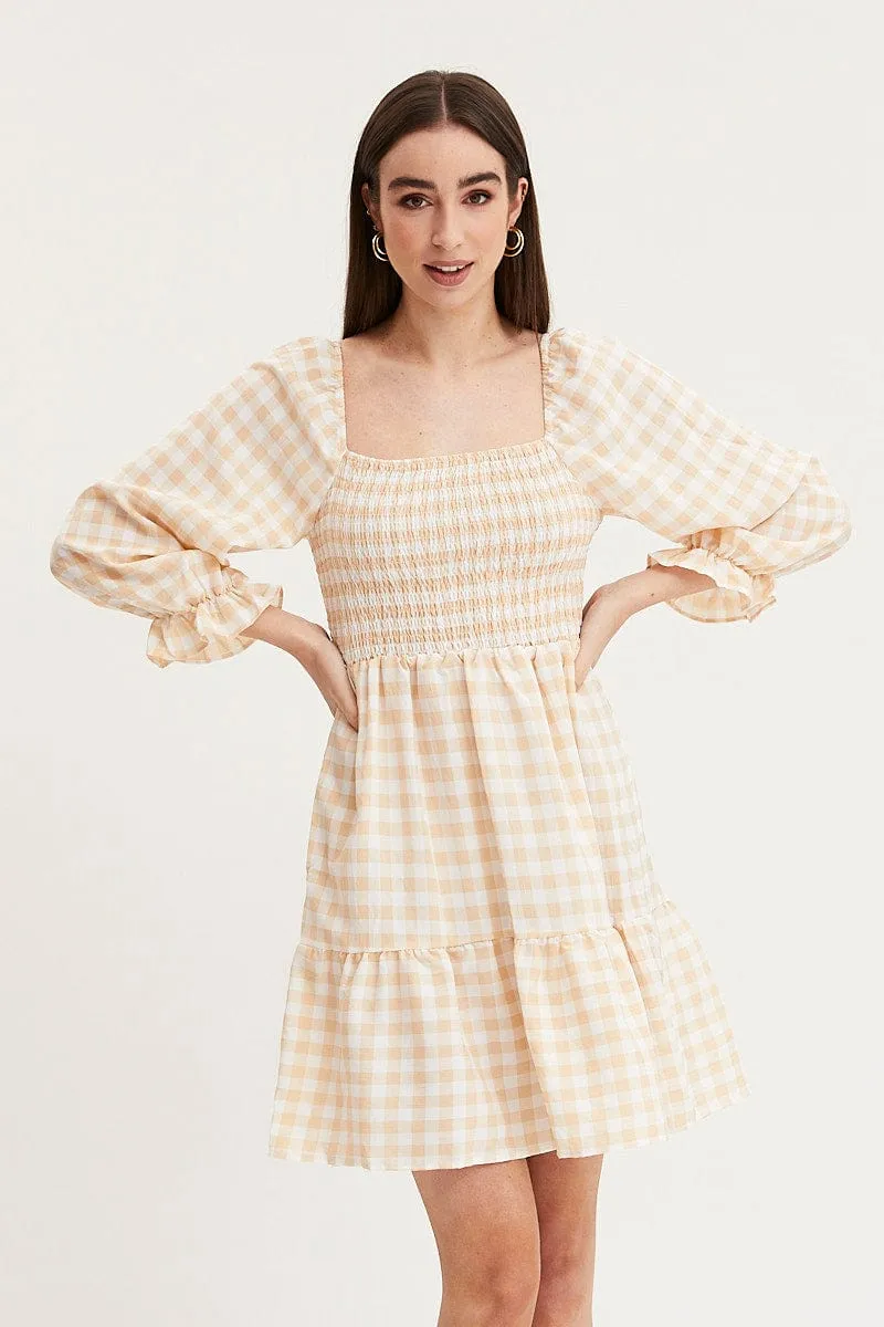 Check Skater Dress Puff Sleeve Mini