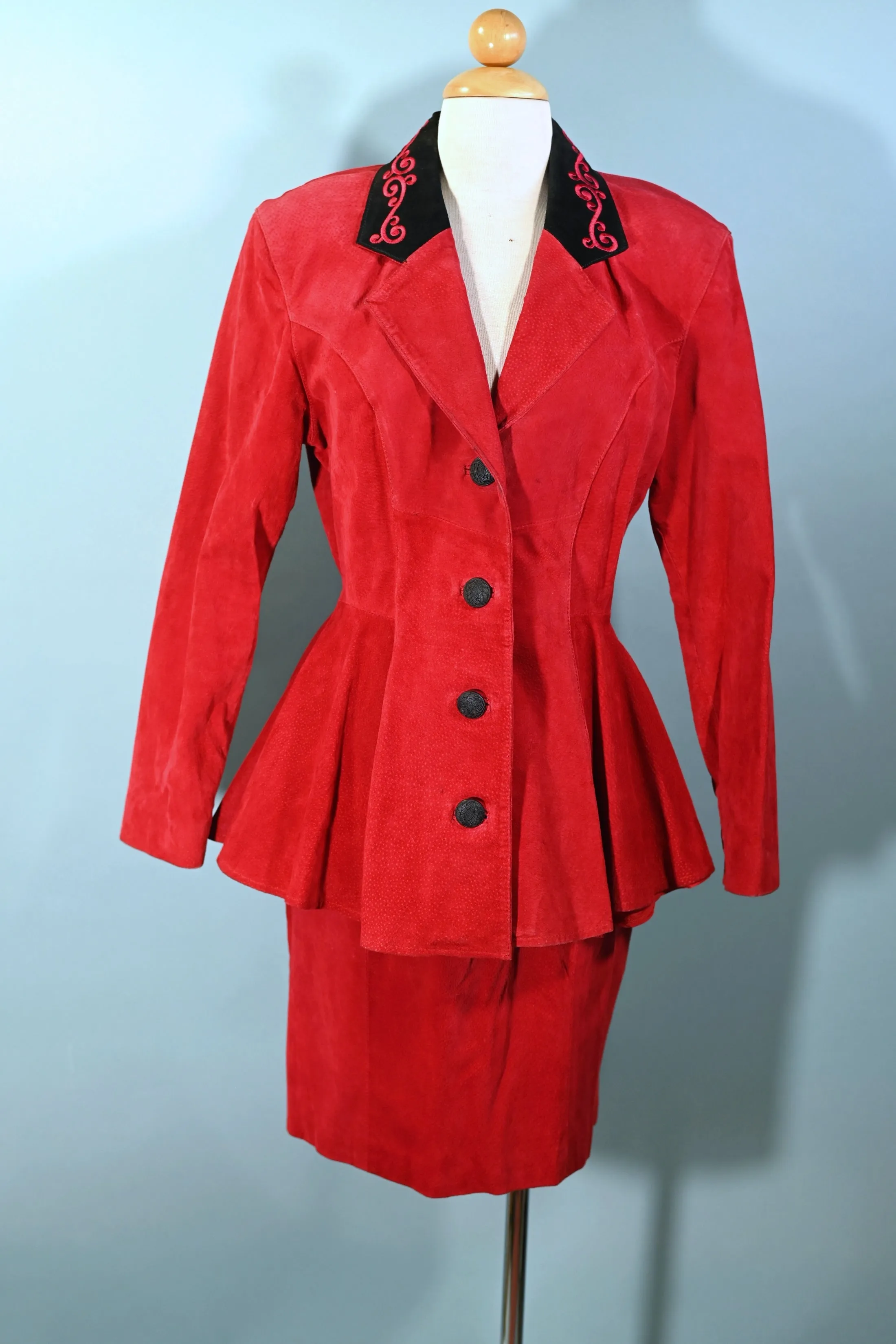 Chia Vintage 80s Does 40s Red Suede Peplum Jacket/Skirt Suit, 2 Piece Set Fits S