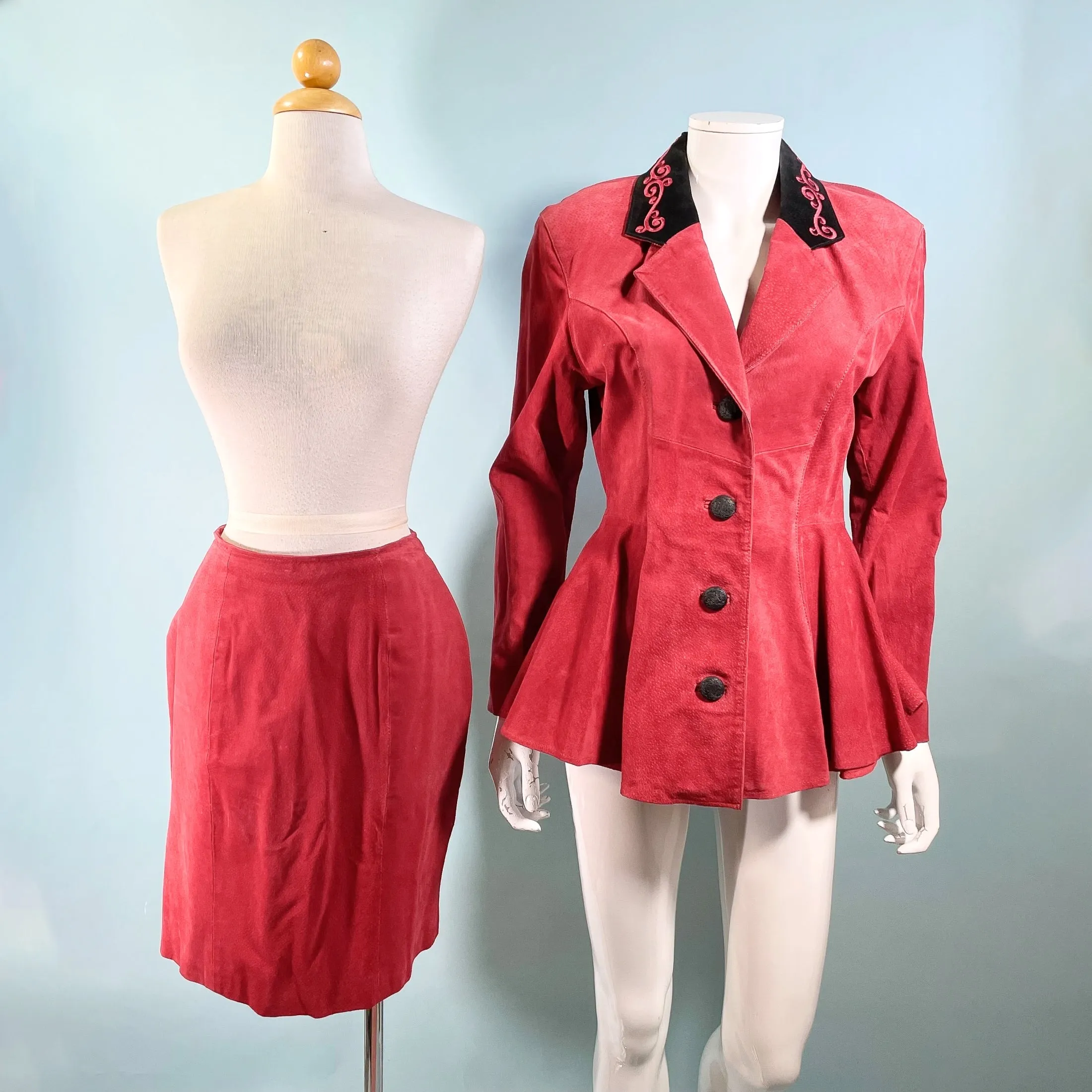 Chia Vintage 80s Does 40s Red Suede Peplum Jacket/Skirt Suit, 2 Piece Set Fits S