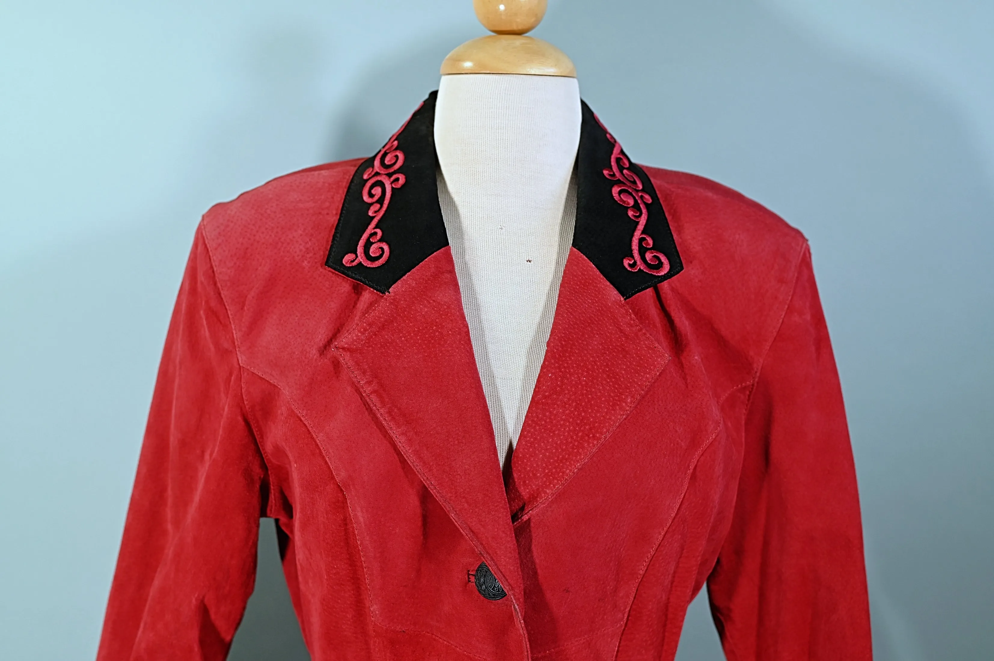 Chia Vintage 80s Does 40s Red Suede Peplum Jacket/Skirt Suit, 2 Piece Set Fits S