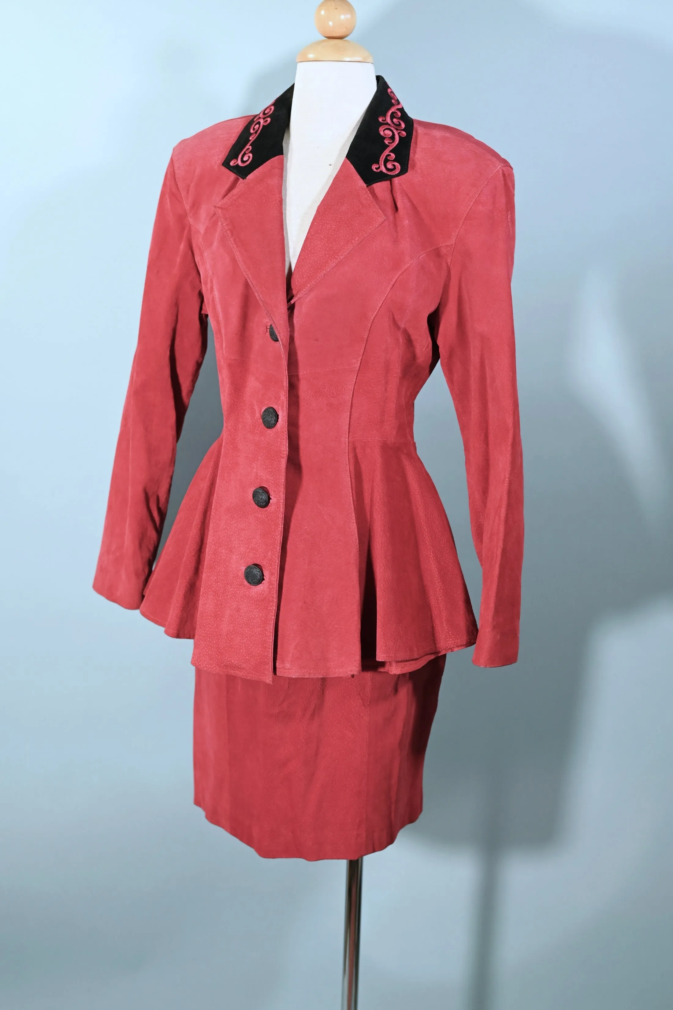 Chia Vintage 80s Does 40s Red Suede Peplum Jacket/Skirt Suit, 2 Piece Set Fits S