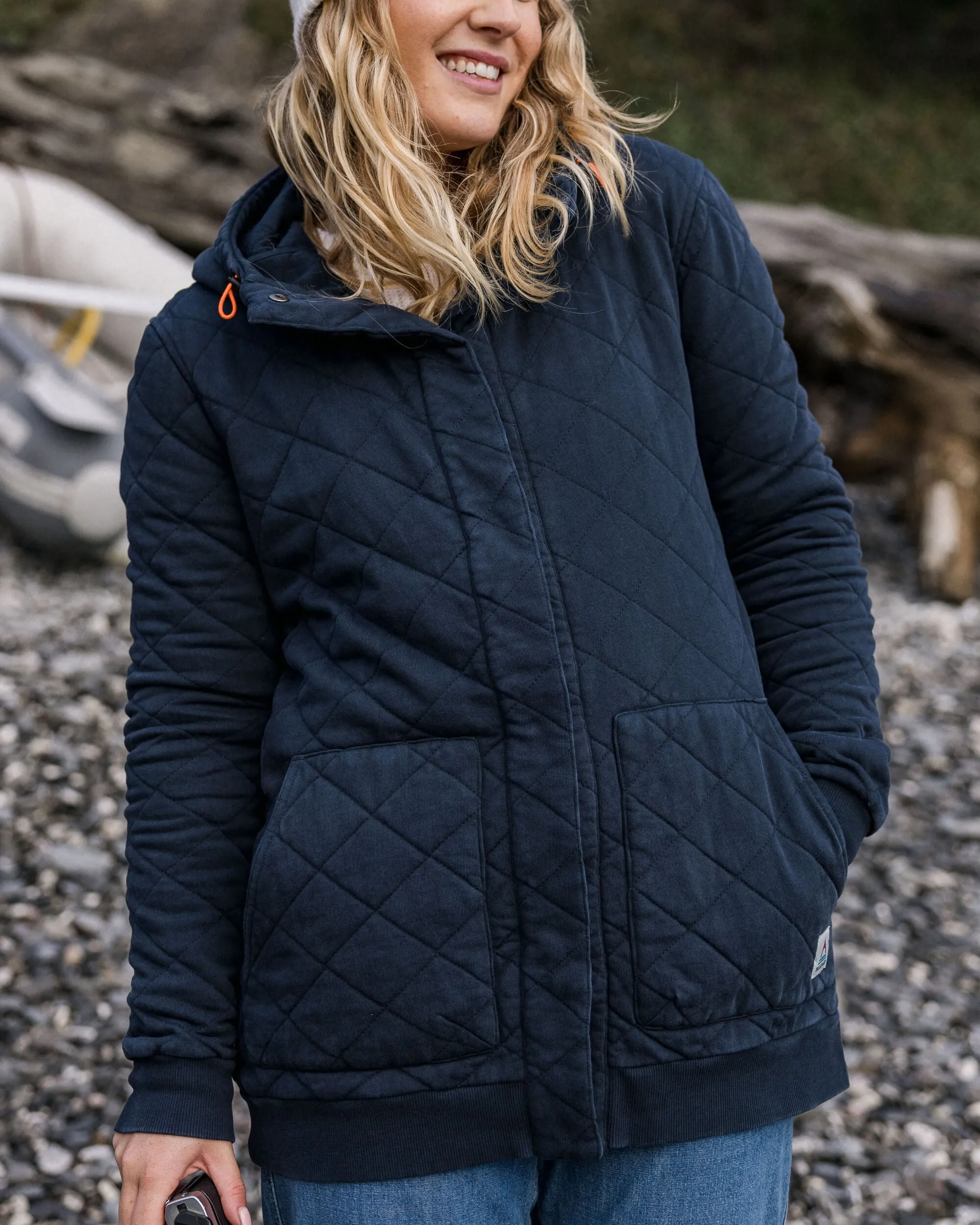 Clementine Recycled Quilted Popper Up Hoodie - Deep Navy