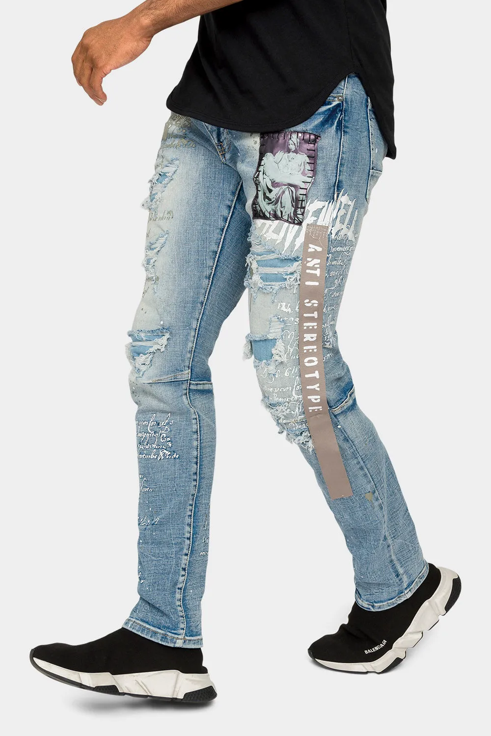 Collage Patch Faded Denim Jeans