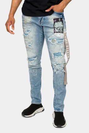 Collage Patch Faded Denim Jeans