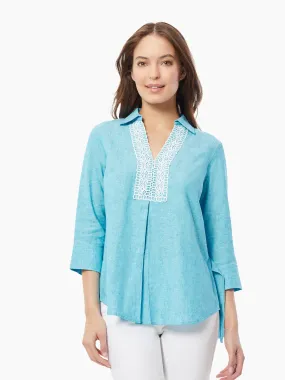 Collared Lace-Front Linen-Blend Blouse