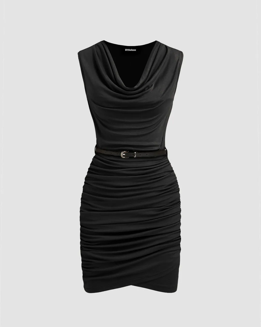 Cowl Neck Ruched Solid Mini Dress Without Belt In Black