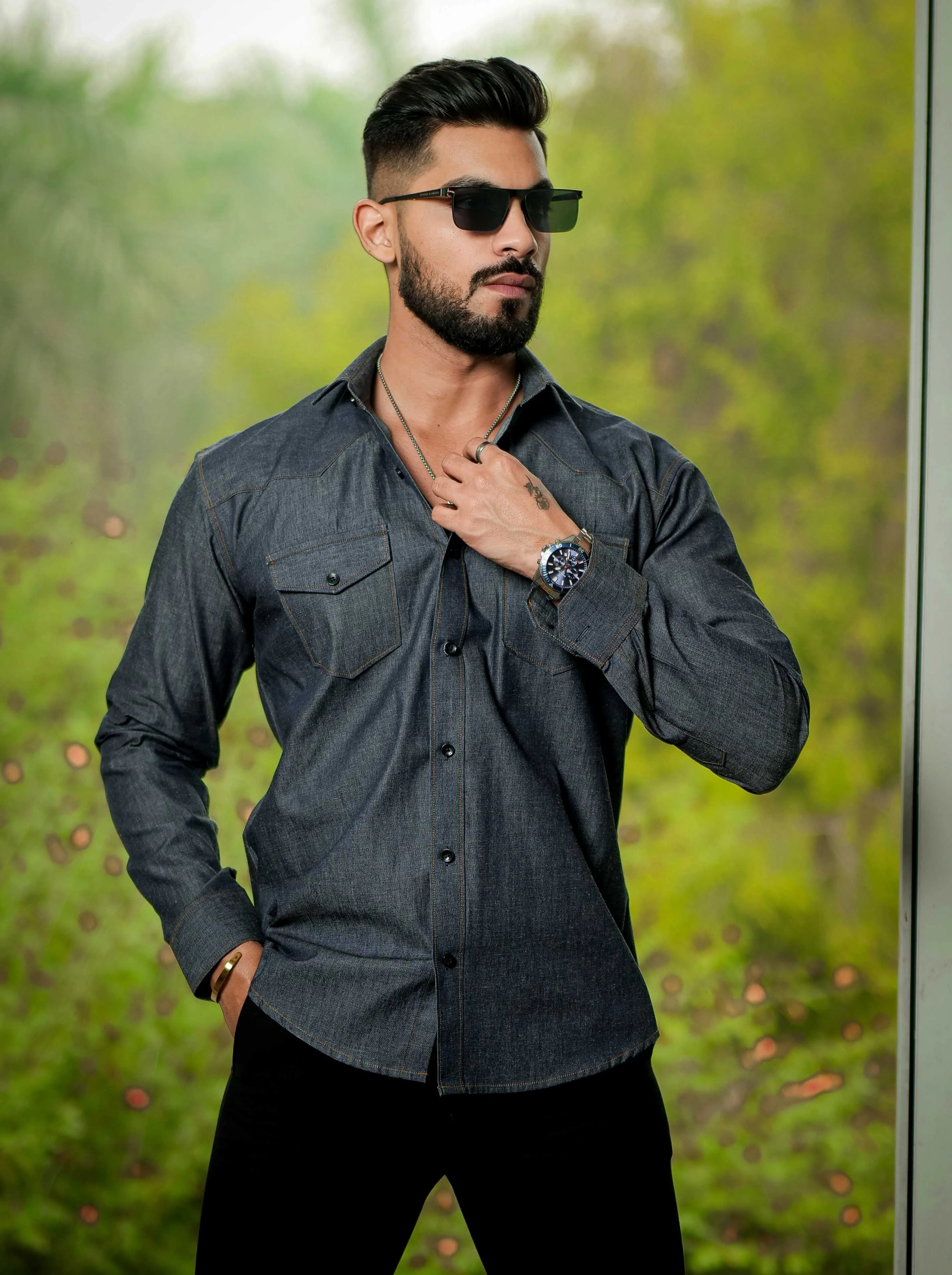 Dark Grey Cotton Denim Shirt