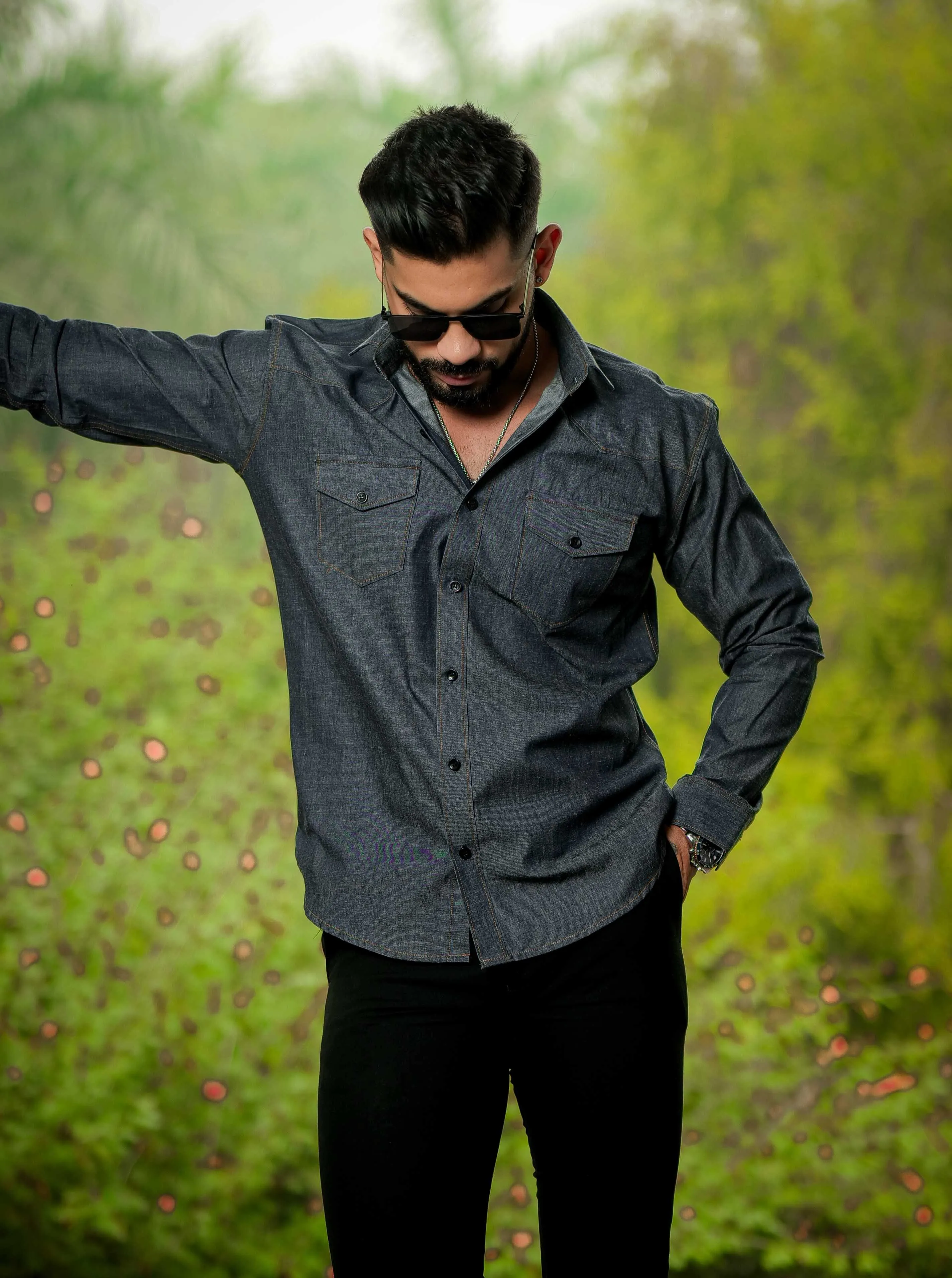 Dark Grey Cotton Denim Shirt