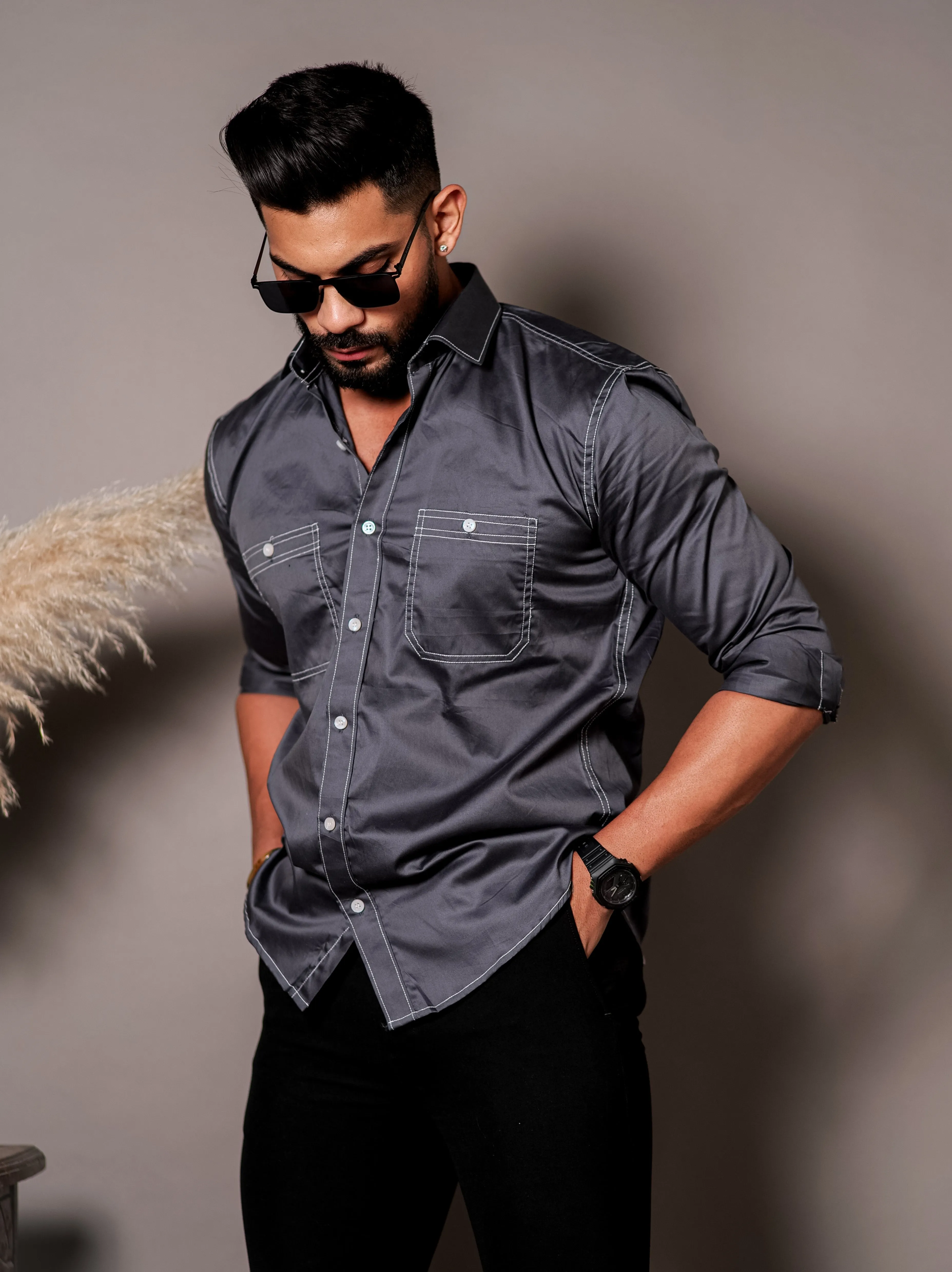 Dark Grey Designer Giza Satin Cotton Shirt