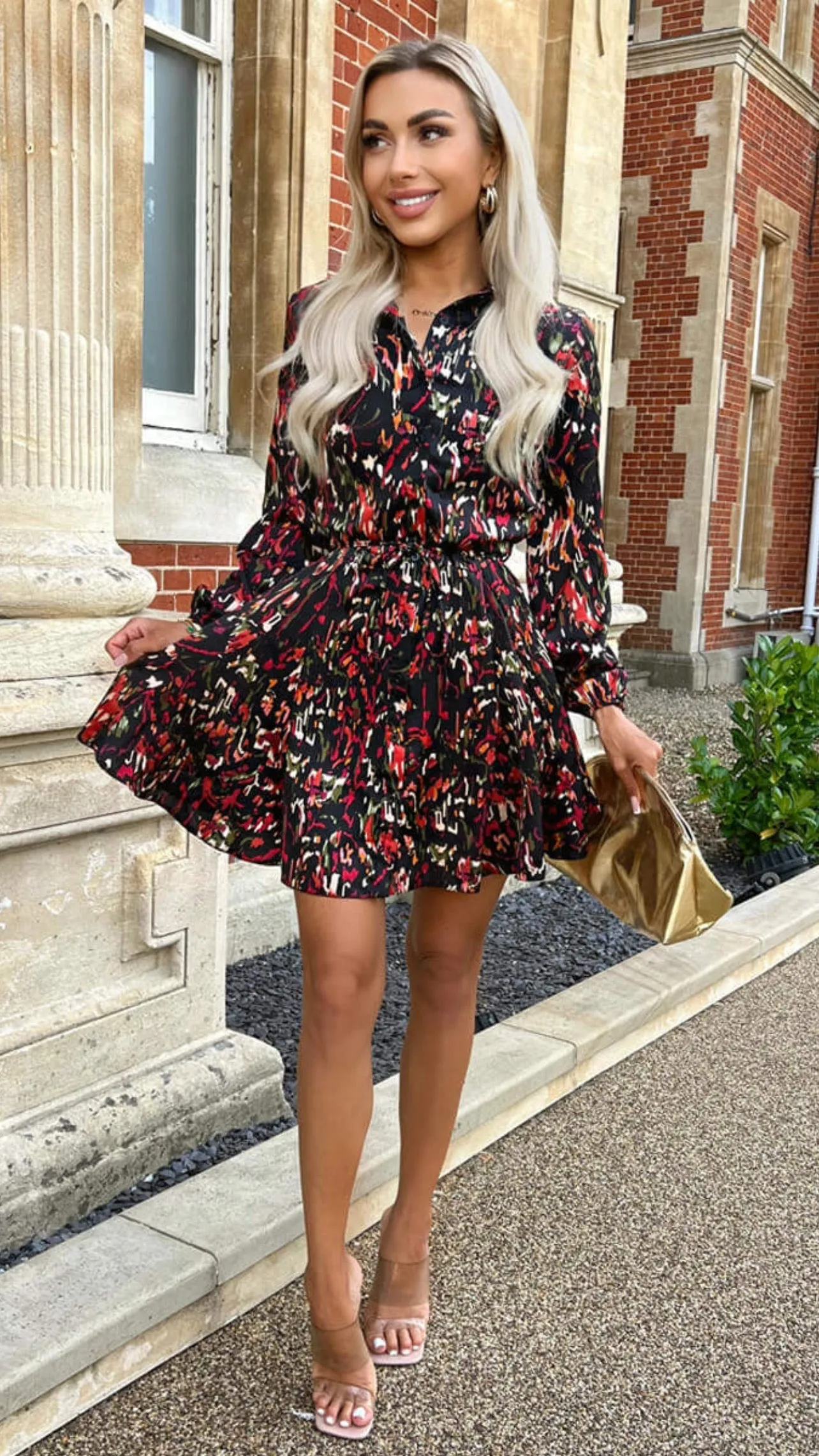 Dixie Multi Print Long Sleeve Tie Waist Collared Skater Dress