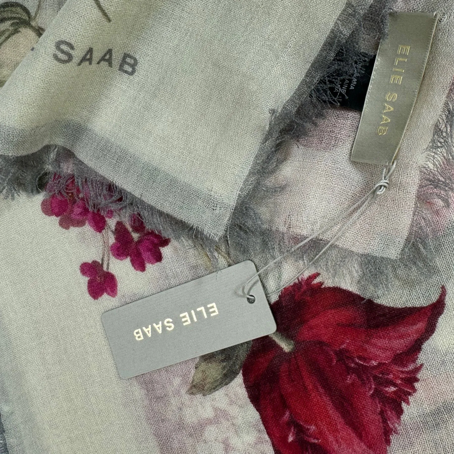 Elie Saab Scarf Gray Pink Floral - Luxury Designer Shawl