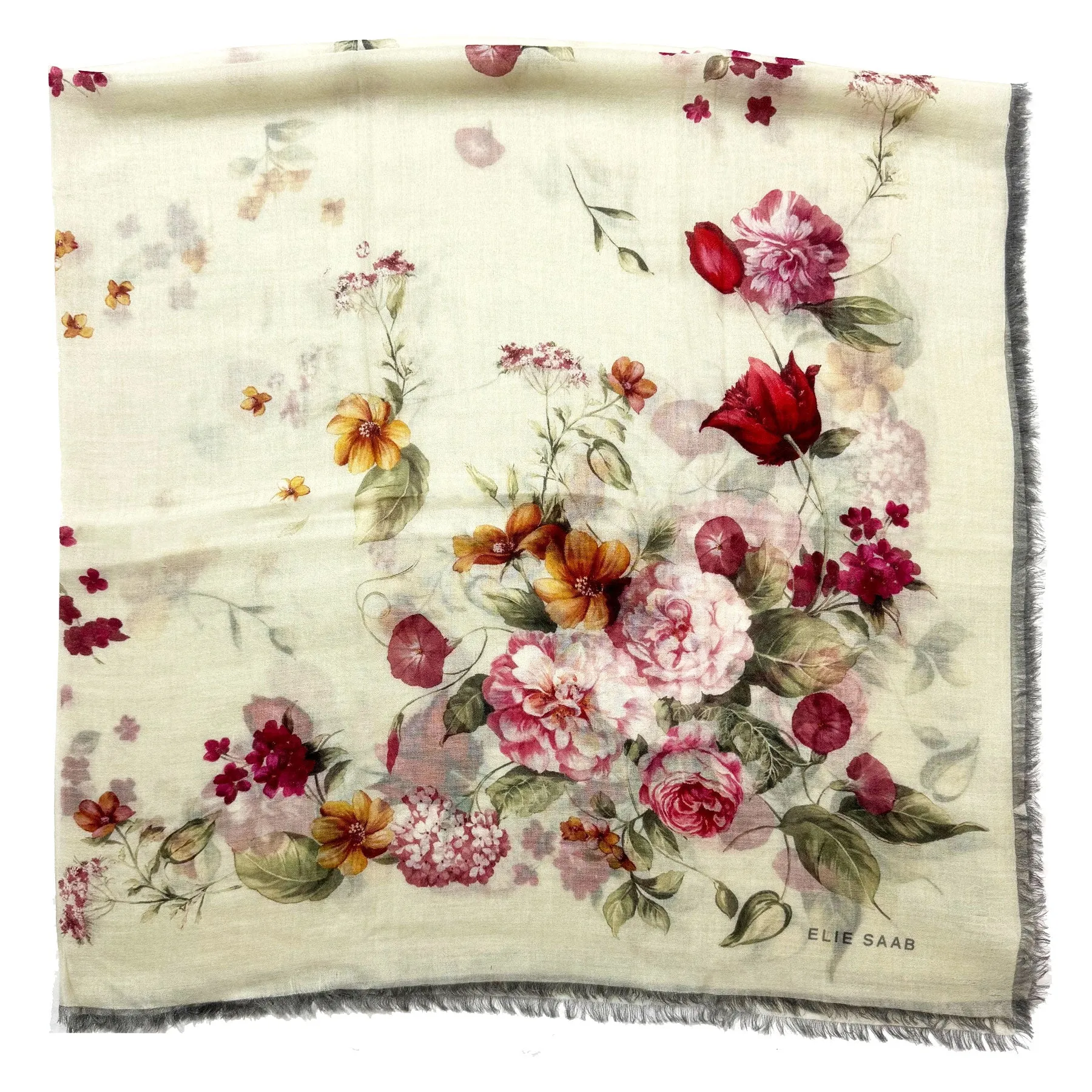 Elie Saab Scarf Gray Pink Floral - Luxury Designer Shawl