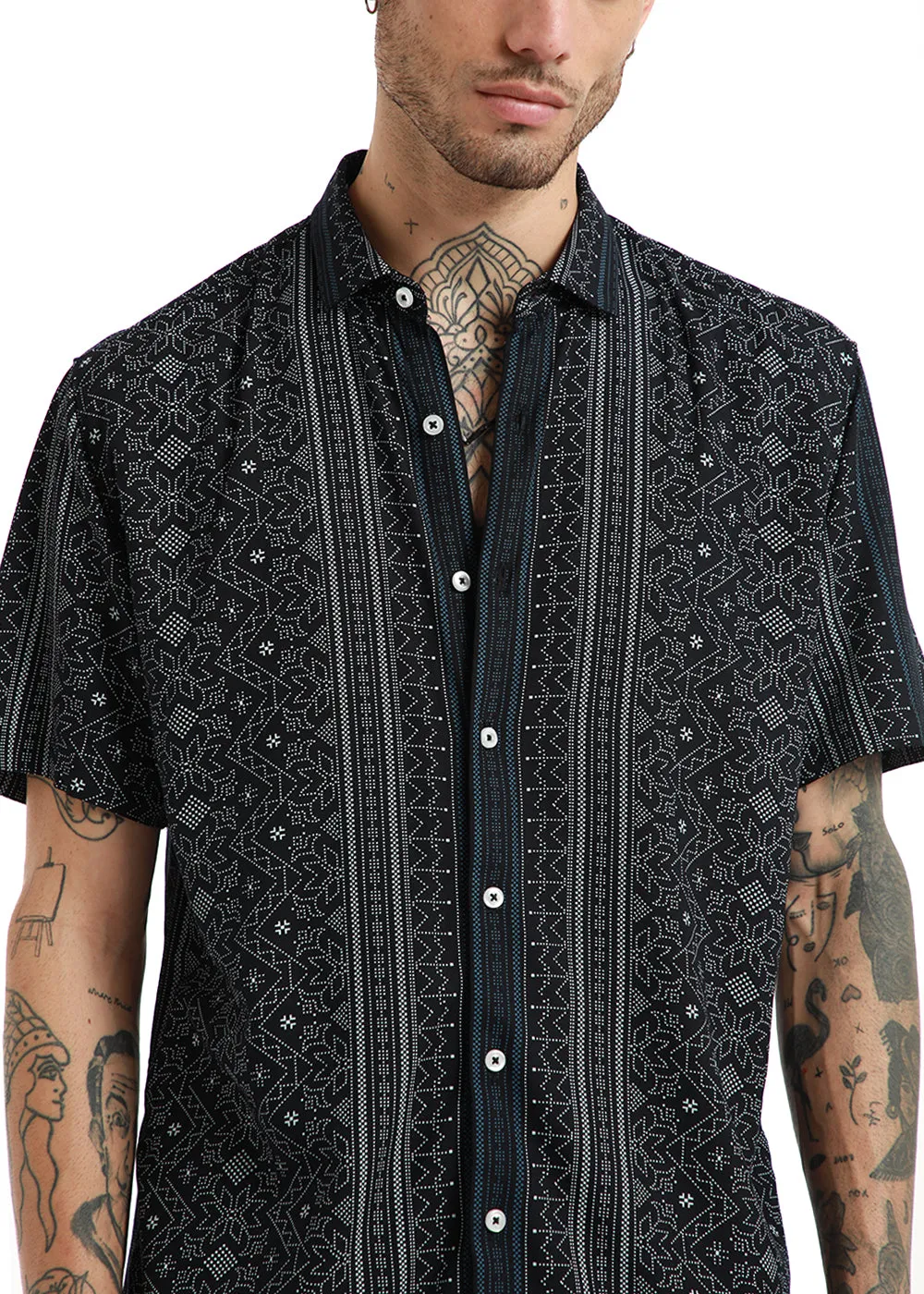 Fabula Black Print Half Sleeve Shirt