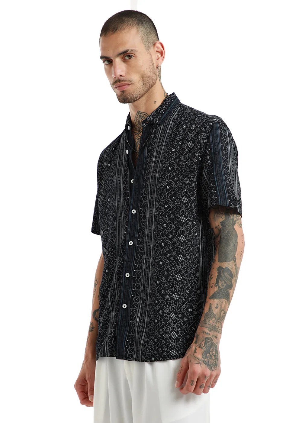 Fabula Black Print Half Sleeve Shirt