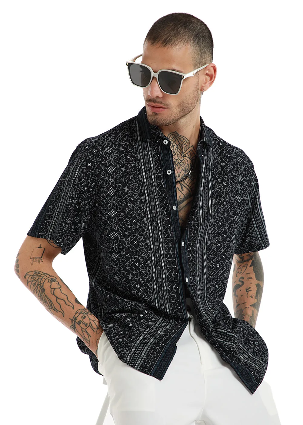 Fabula Black Print Half Sleeve Shirt