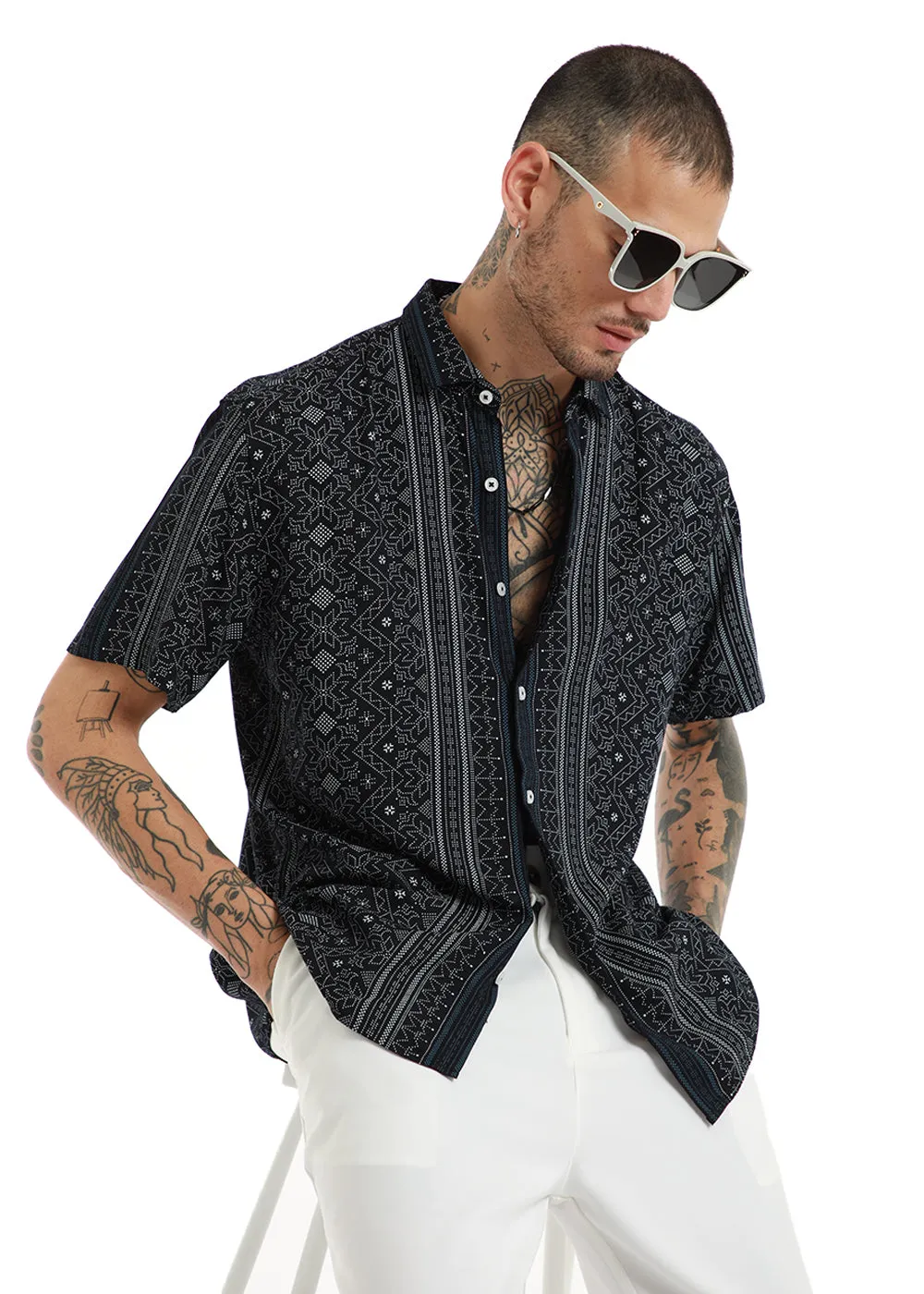 Fabula Black Print Half Sleeve Shirt