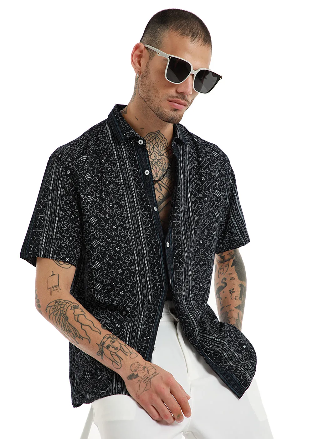 Fabula Black Print Half Sleeve Shirt