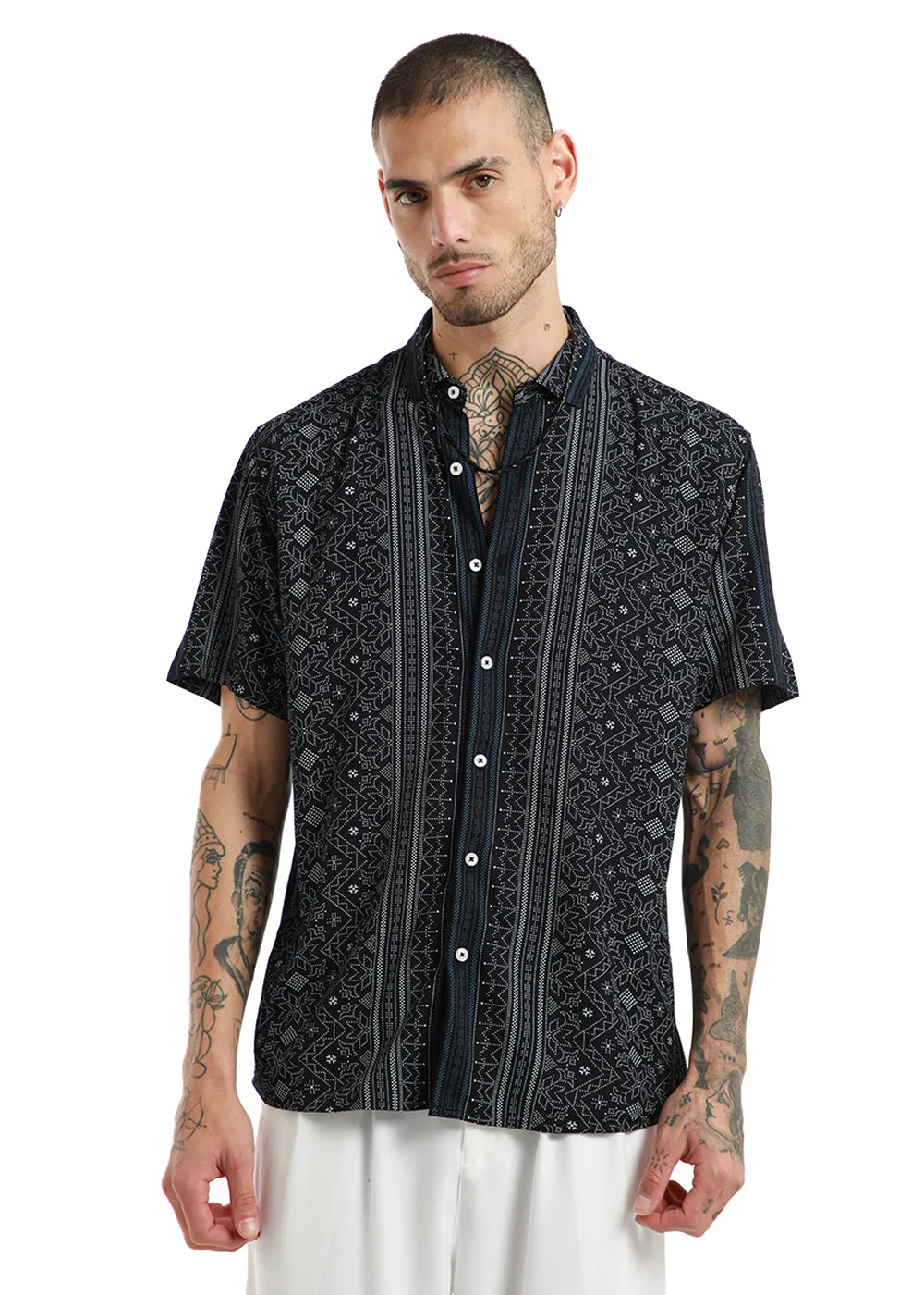 Fabula Black Print Half Sleeve Shirt