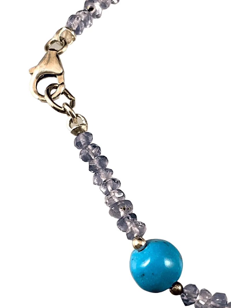 Faceted Iolite Turquoise and Pearl Gemstone Beaded Bracelet