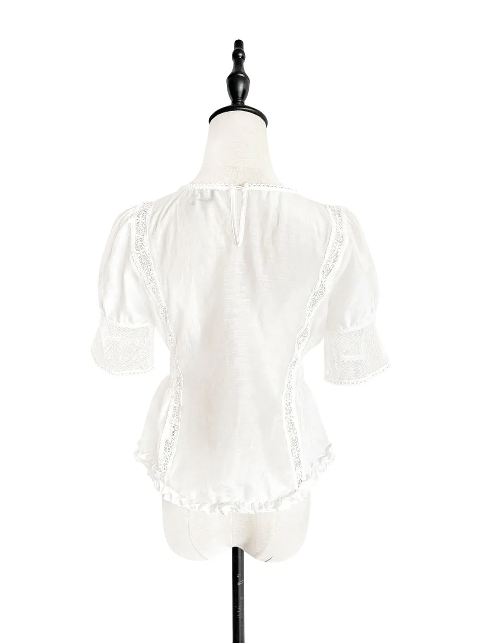 Final Sale! White Lace Trim Ruffle Hem Silk Cotton Blouse