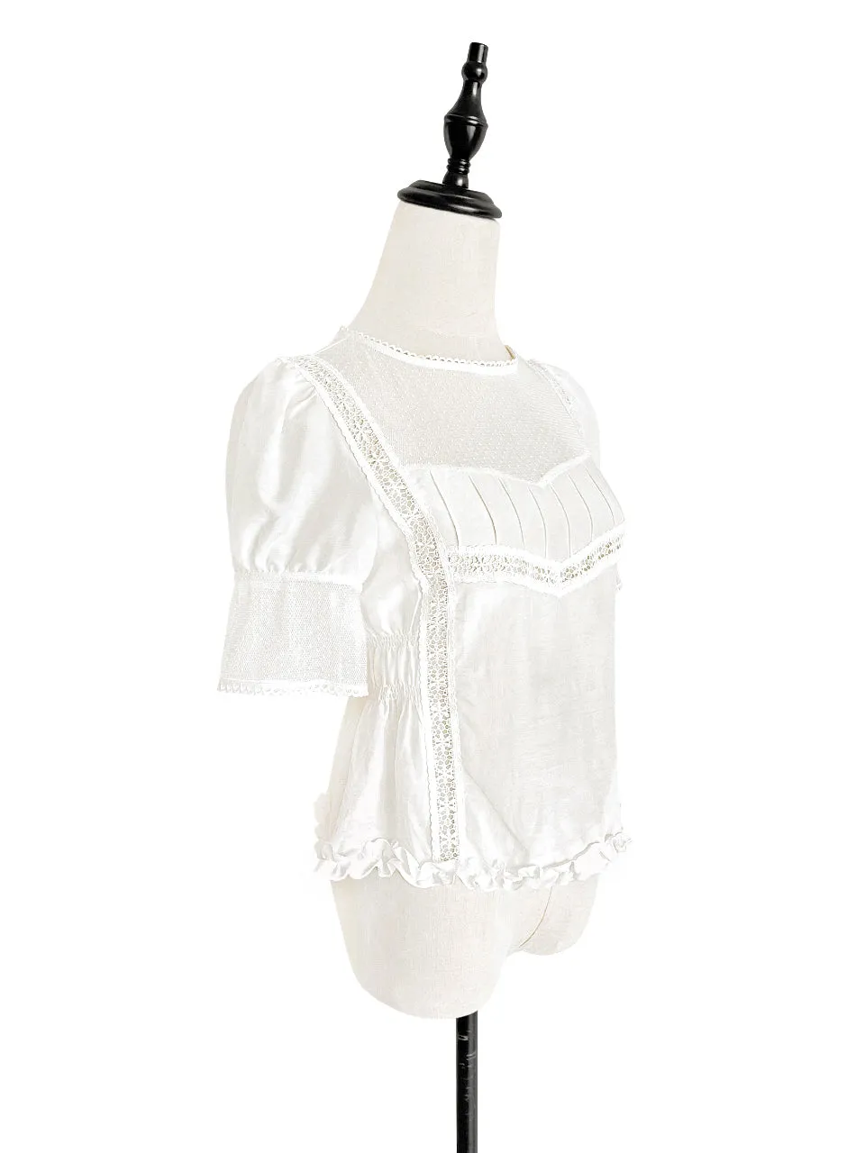 Final Sale! White Lace Trim Ruffle Hem Silk Cotton Blouse