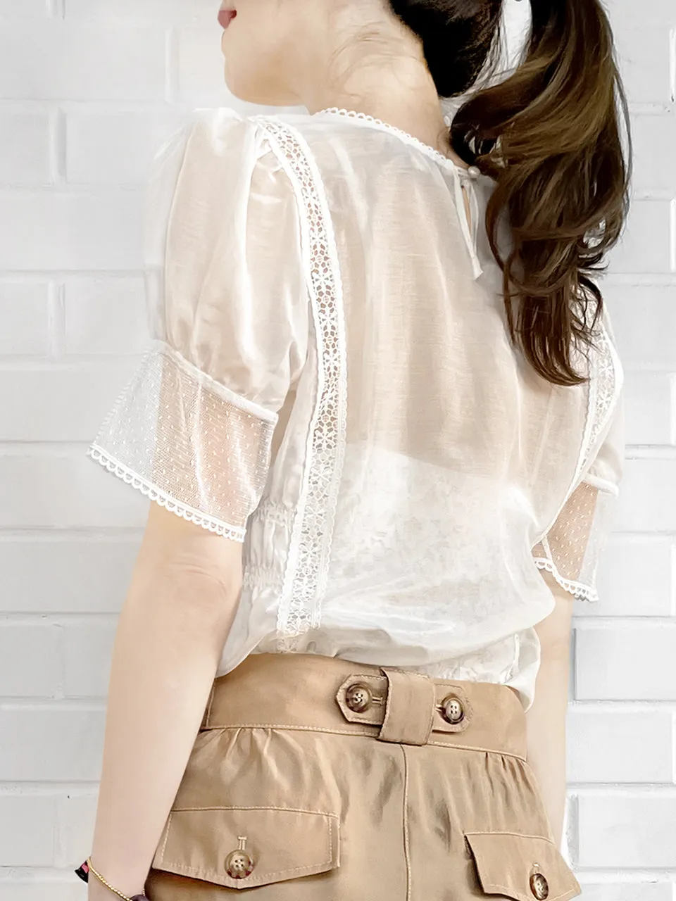 Final Sale! White Lace Trim Ruffle Hem Silk Cotton Blouse