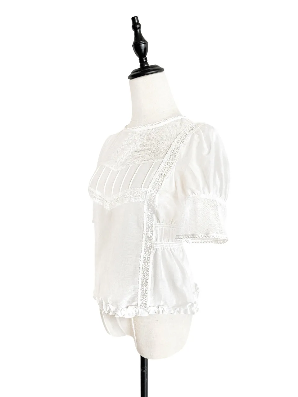 Final Sale! White Lace Trim Ruffle Hem Silk Cotton Blouse