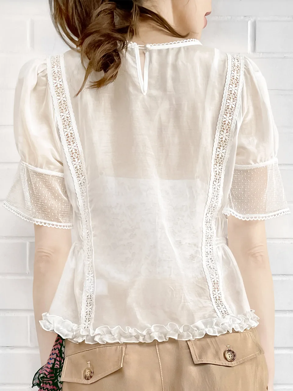 Final Sale! White Lace Trim Ruffle Hem Silk Cotton Blouse