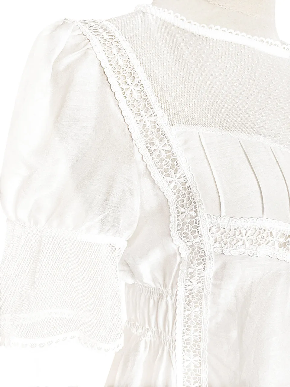 Final Sale! White Lace Trim Ruffle Hem Silk Cotton Blouse