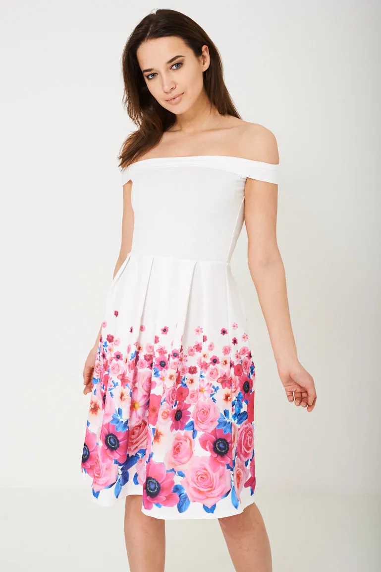 Floral Skater Dress with Bardot Neckline