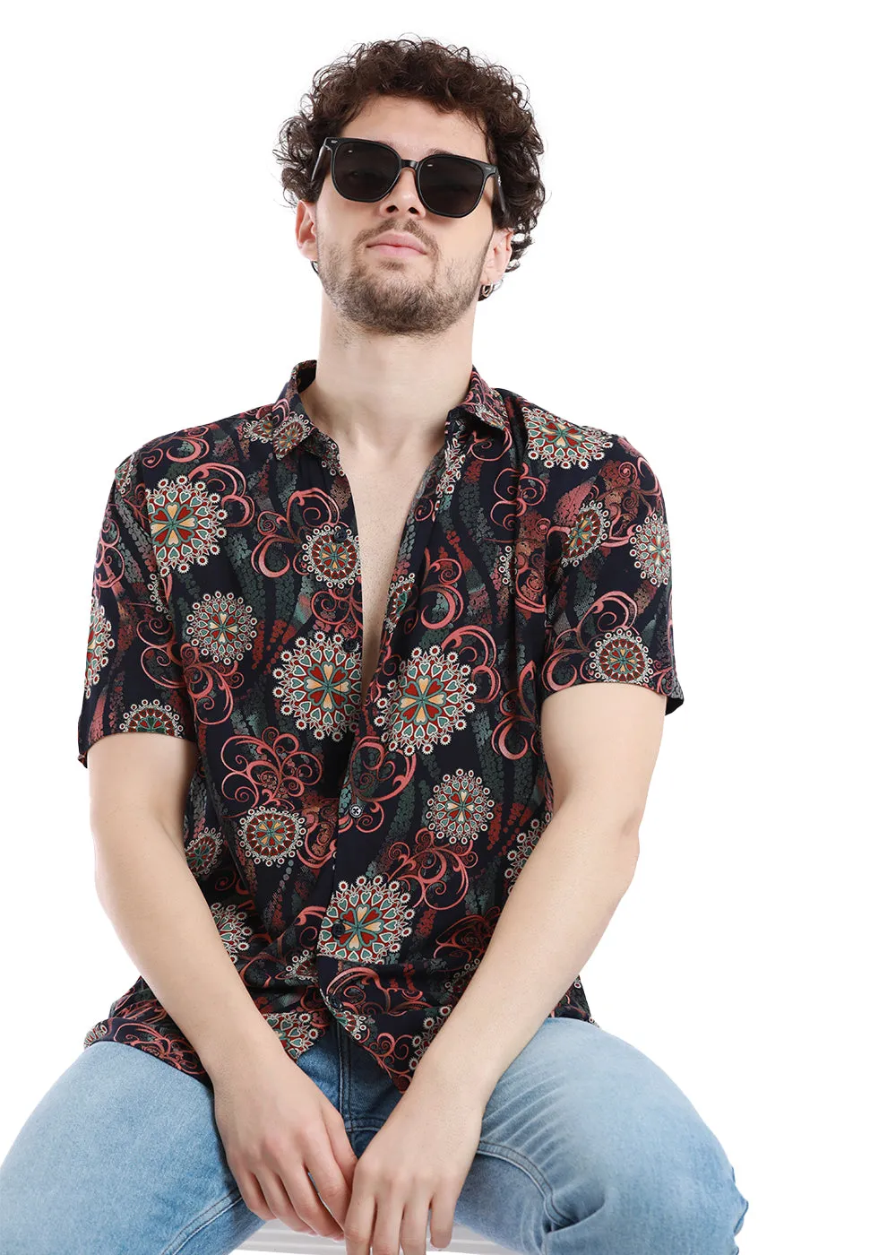 Floret Red Half Sleeves Feather Shirt