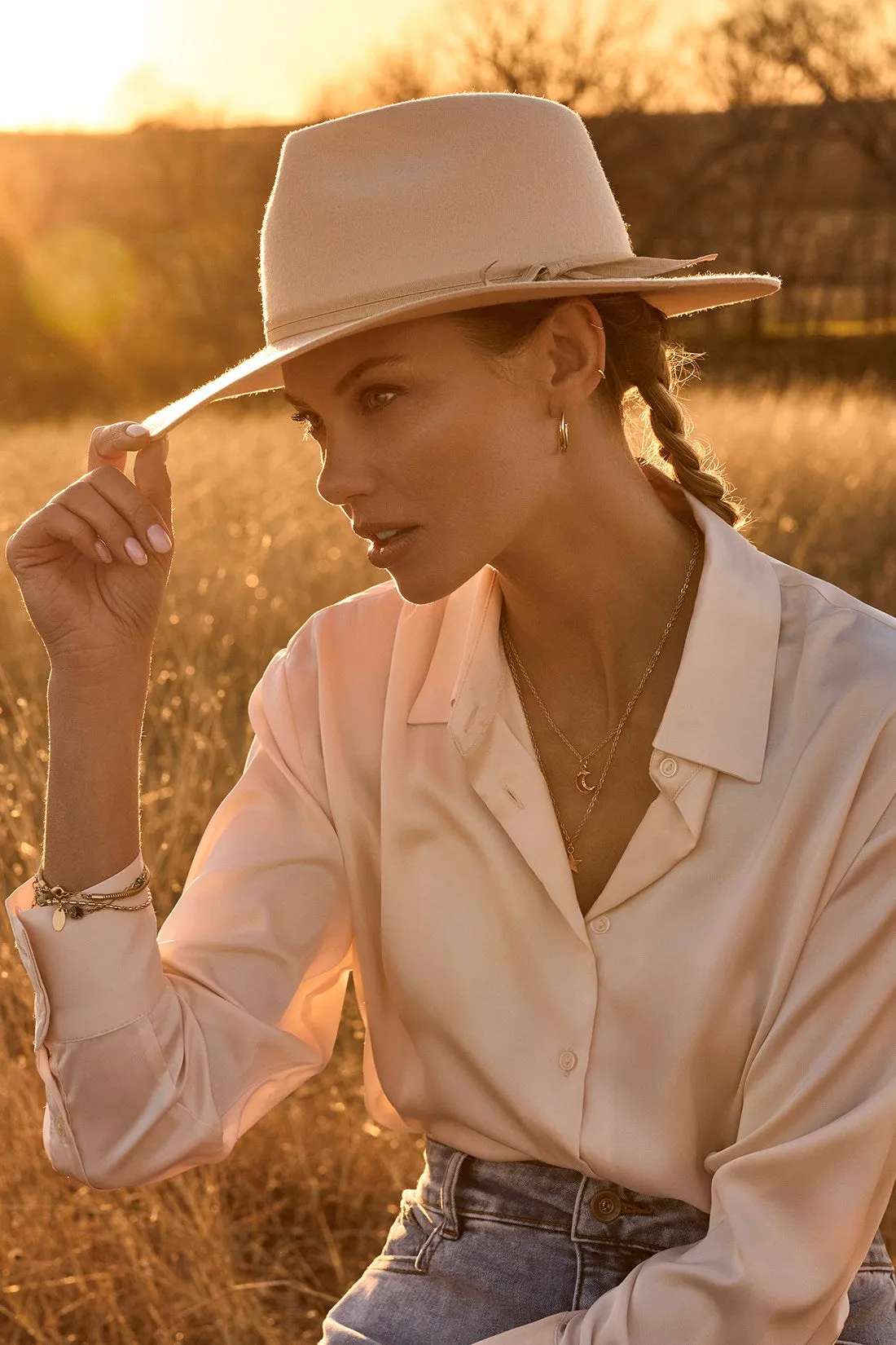 FLOWY SATIN BUTTON-UP SHIRT-Blush