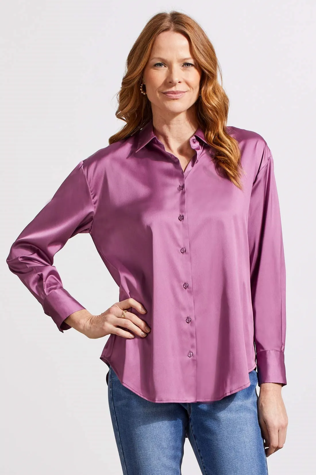 FLOWY SATIN BUTTON-UP SHIRT-Grape